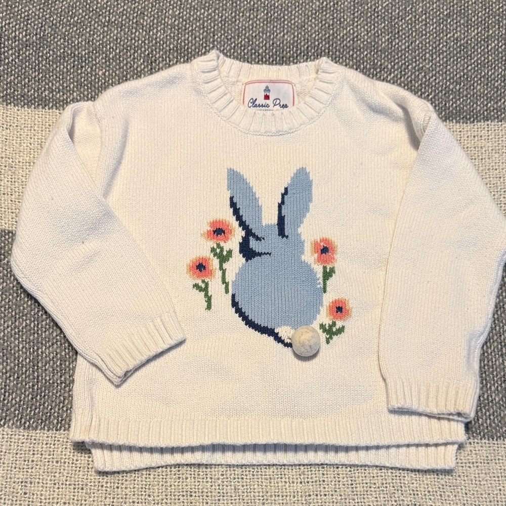 Classic Prep Cream Sweater with Blue Bunny and Pink Flowers